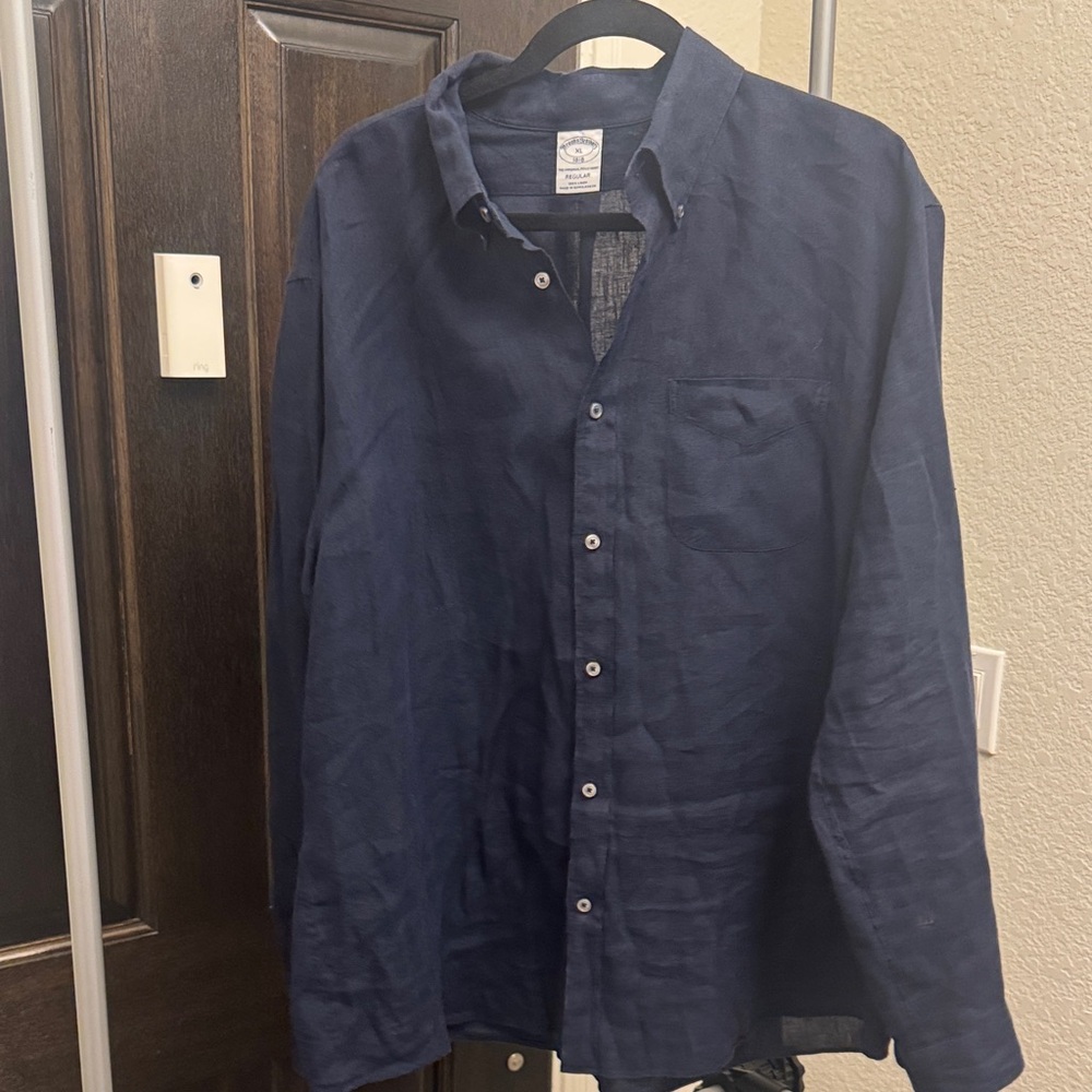 Brooks Brothers The Original Polo Shirt— Navy Blue Button-Up Shirt, 100% linen
